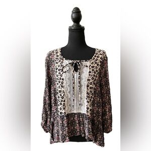 Angie: Boho Bohemian Mix Print Blouse with a Lace Front Panel